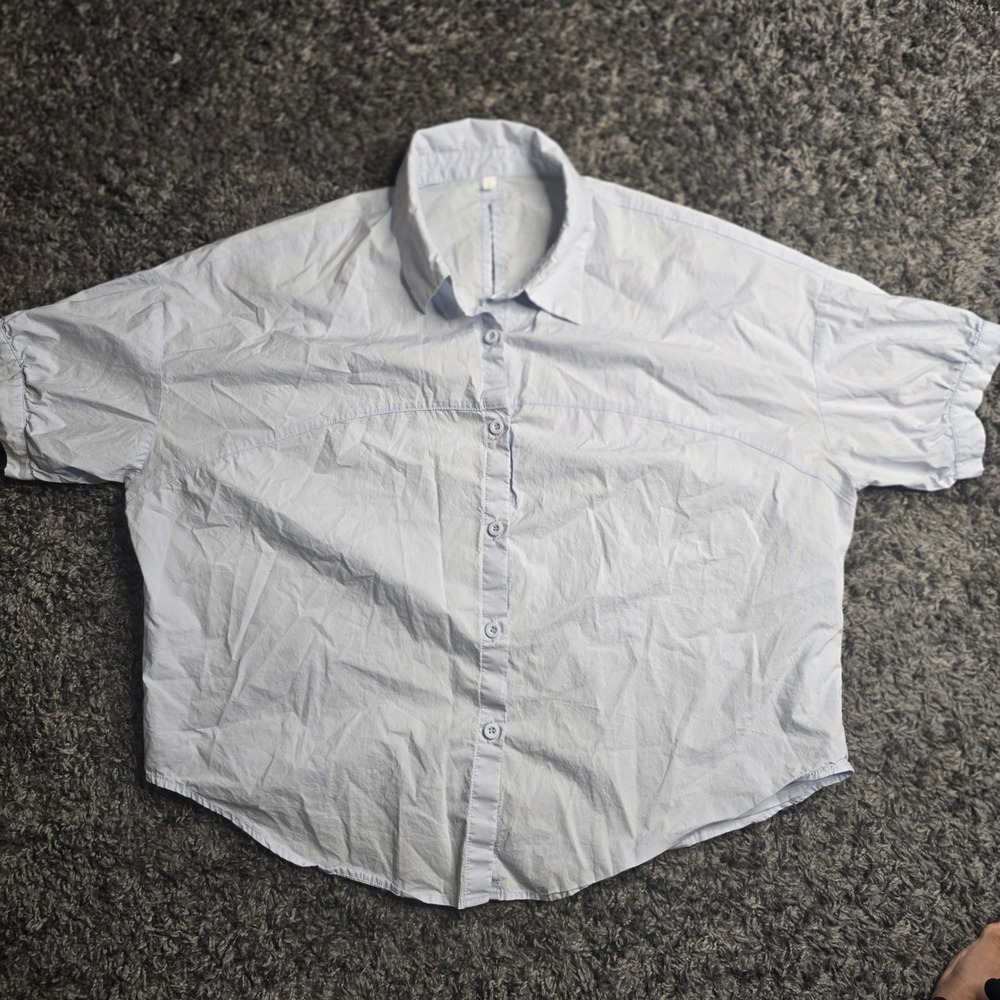 IEF Light Blue Short Sleeve Button Down Shirt Oversized Boxy Blouse Size XF